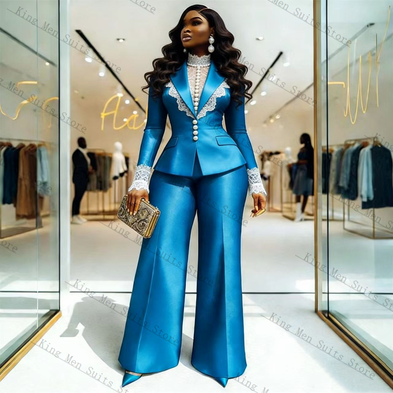 Women'S Formal Wear Tuxedo - Blue Satin Lace Women Suit Set