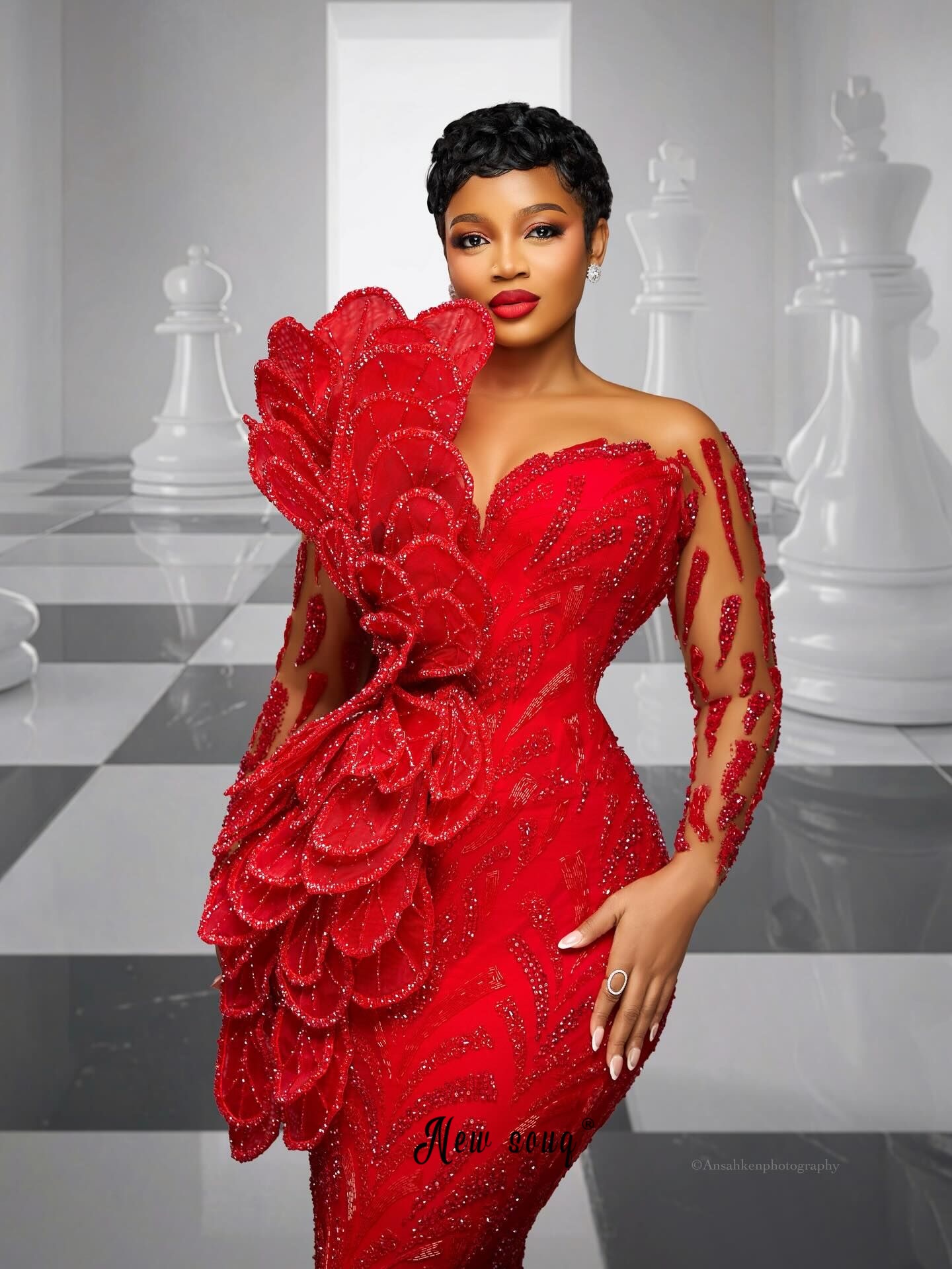 Formal Dress Female - Elegant Red Sparkling Prom Dresses Lace
