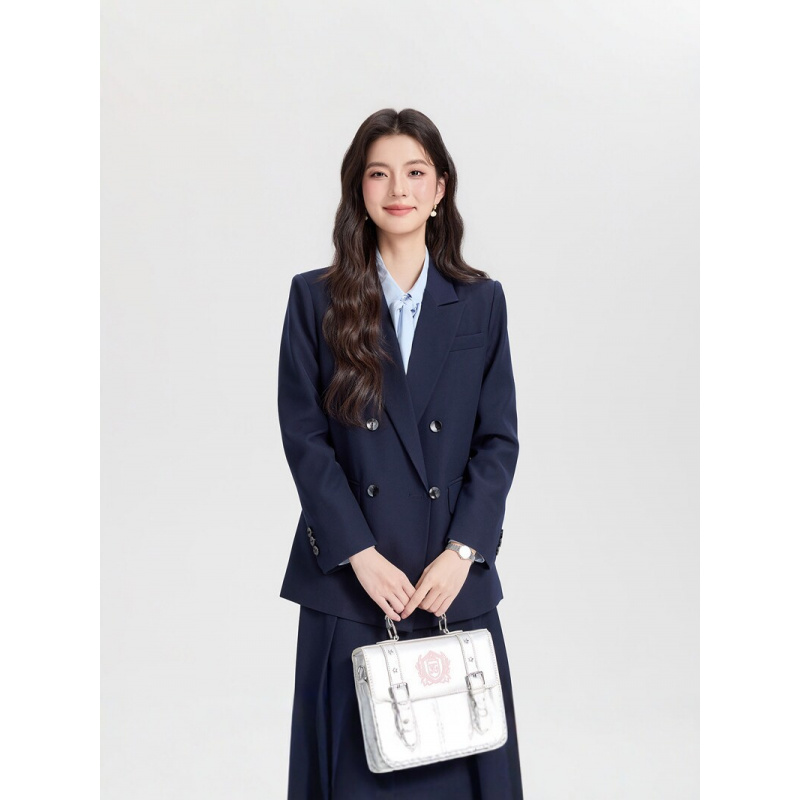 Women Formal Wear For Interview - Navy blue double-breasted women's business suit2026New